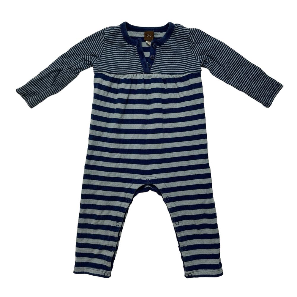 TEA COLLECTION Blue Double Knit Stripe Henley Romper Size 12-18 Months #9W32519
